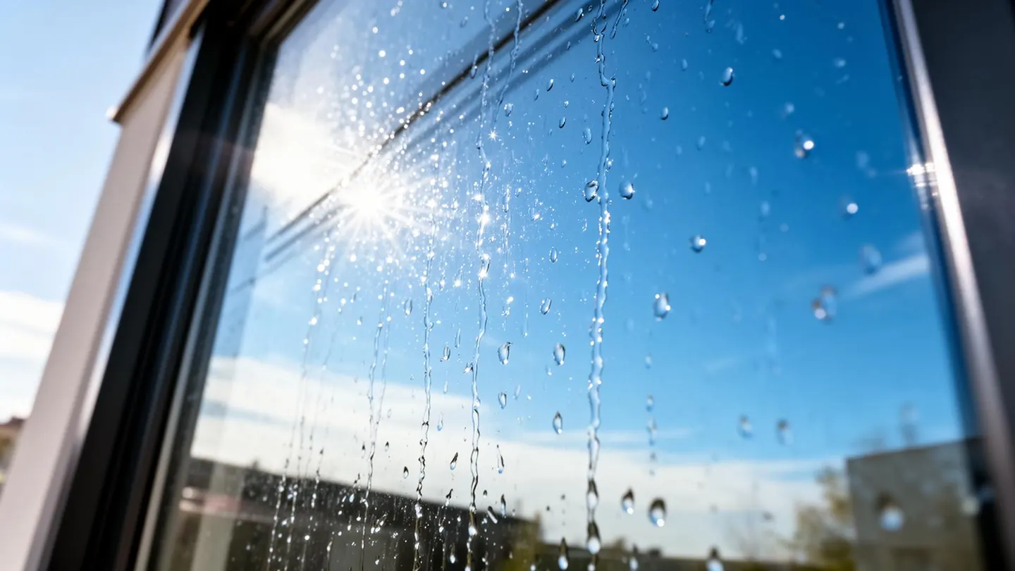Sunlight on a freshly cleaned window with water droplets